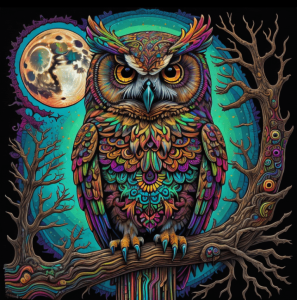 Professional and Vibrant Owl Graphic Design Art showcasing Words4Profit's Canva Creations and AI-generated Art Services Psychedelic, vibrant, and colorful graphic design art of an owl on Words4Profit's website, showcasing their professional and visually appealing Canva creations and AI-generated art services.