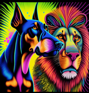 Experience Words4Profit's Professional Graphic Design Services with this Vibrant Doberman Pinscher and Lion Poster Sample of Words4Profit's professional graphic design services, showcasing a colorful and vibrant psychedelic poster of a doberman pinscher and a lion, demonstrating their expertise in Canva designs and AI-generated art.